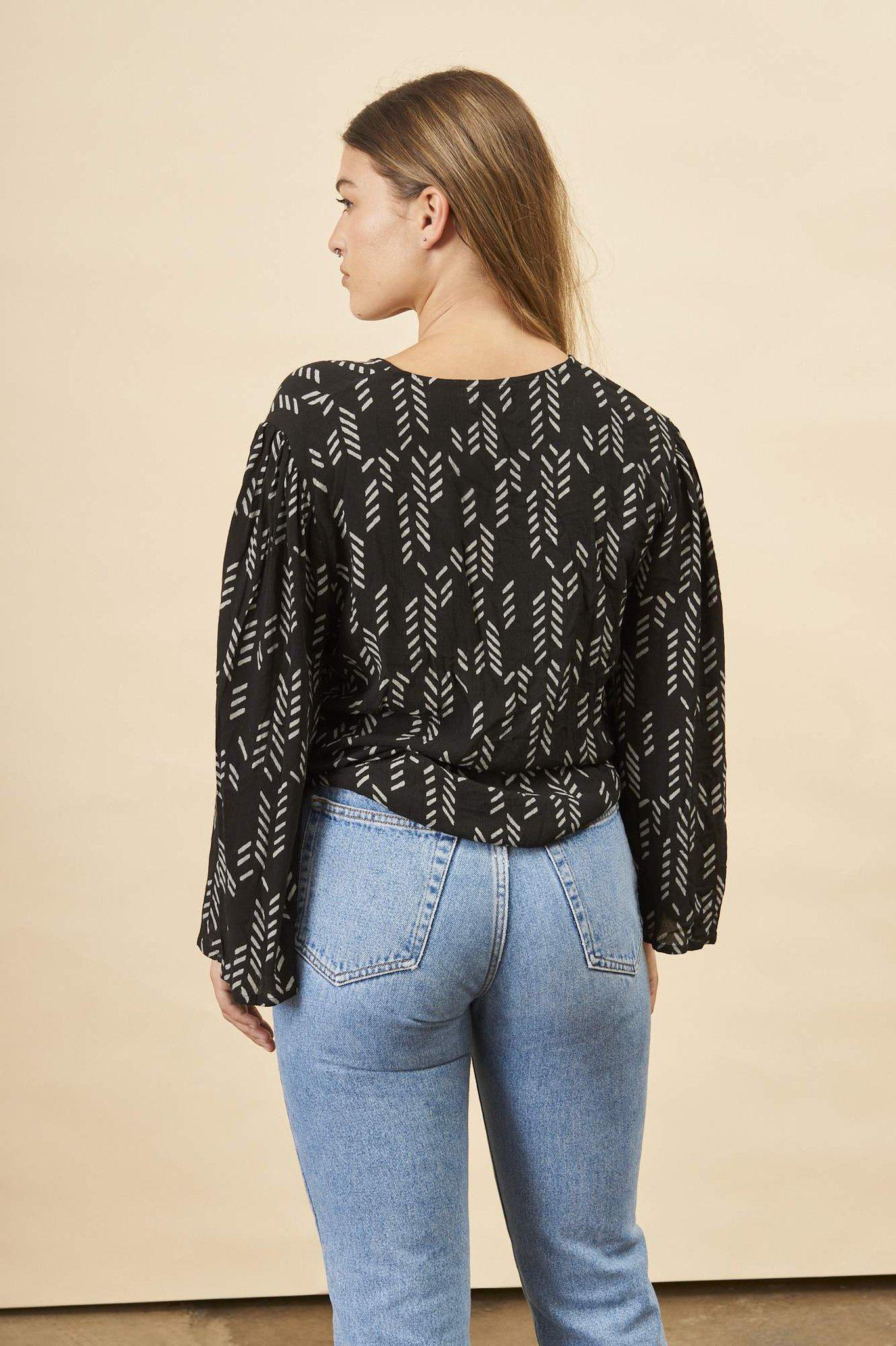 Stylized Feather Tie Knot Blouse in Black + Cream