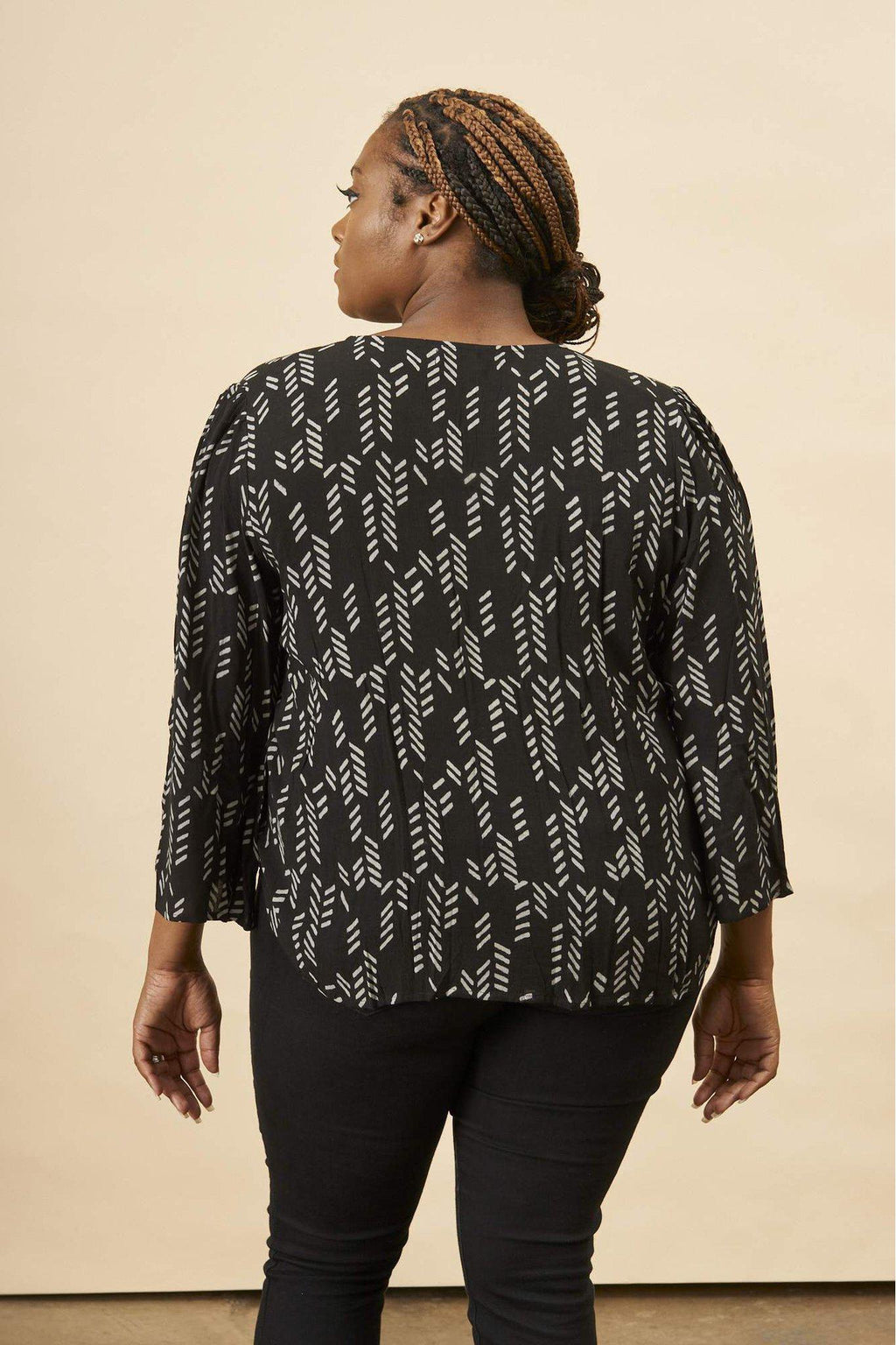 Stylized Feather Tie Knot Blouse in Black + Cream
