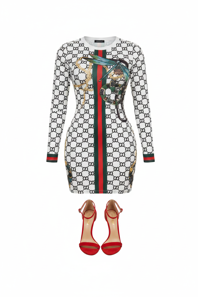 Dragonfly Print Bodycon Dress-White