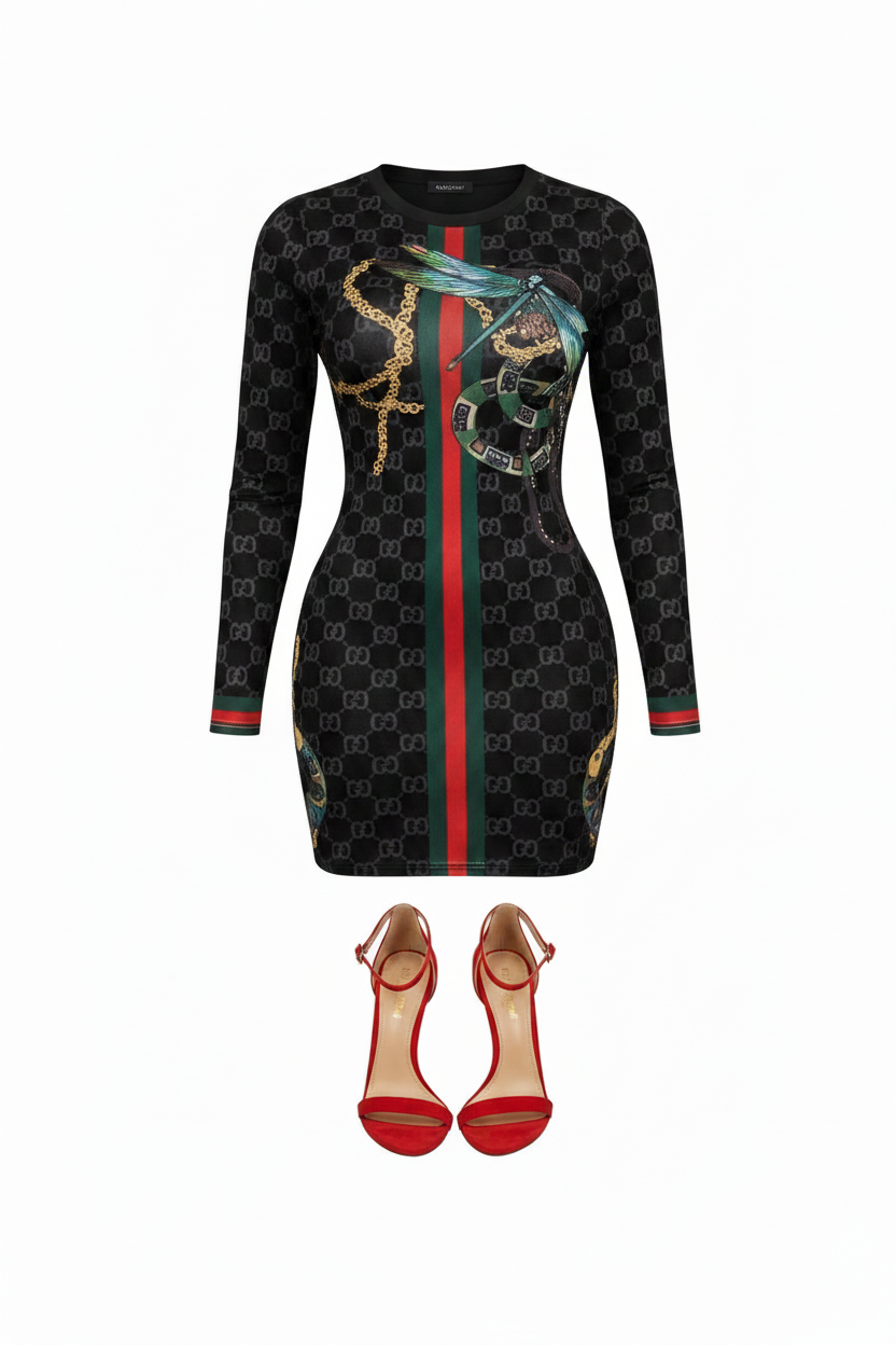 Dragonfly Print Bodycon Dress-Black