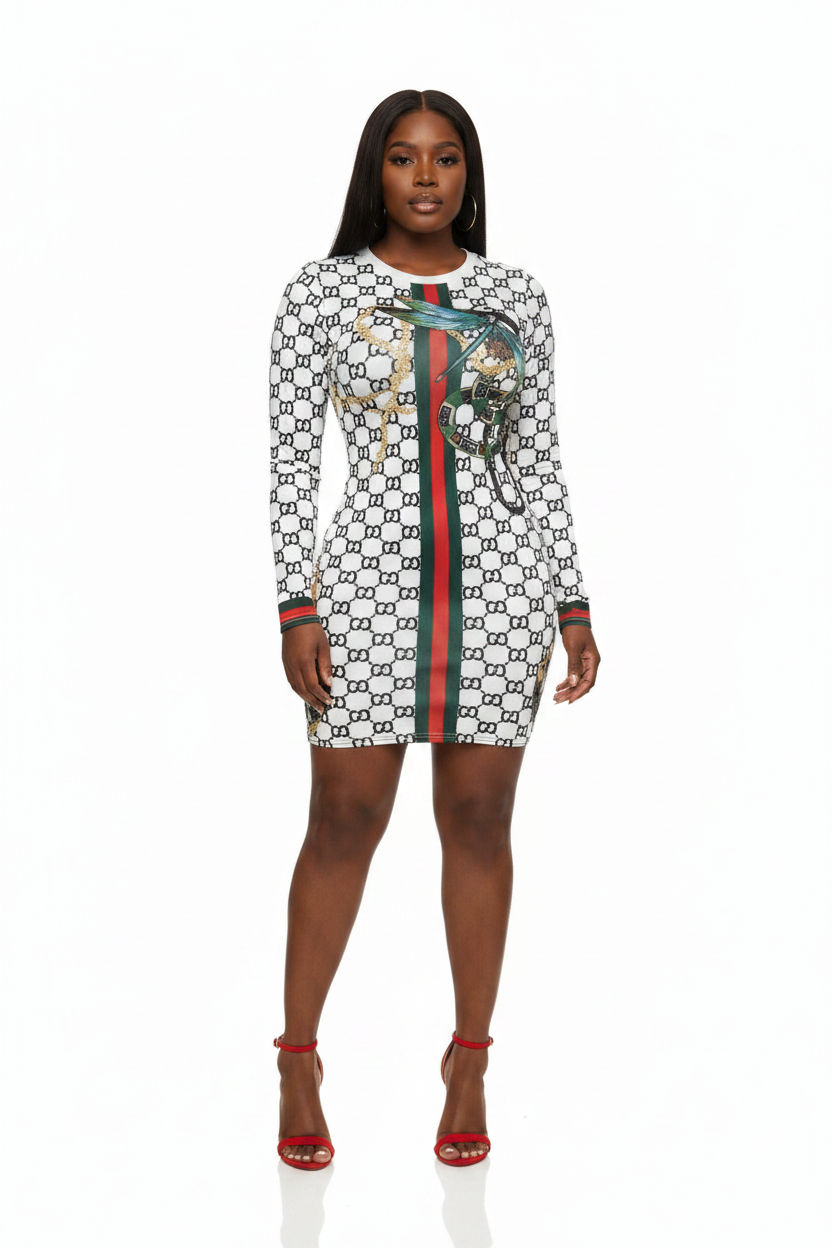 Dragonfly Print Bodycon Dress-White