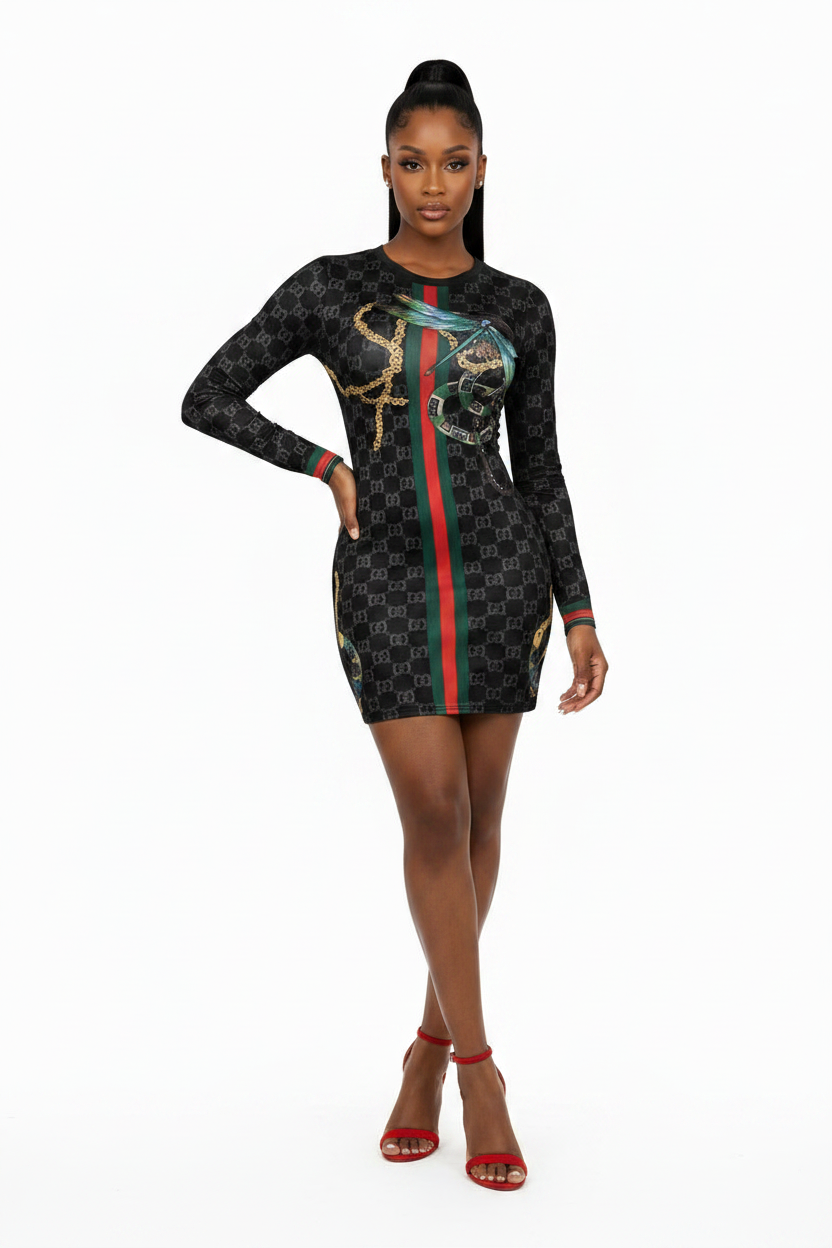 Dragonfly Print Bodycon Dress-Black