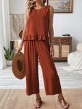 Women's Rust Sleeveless Ruffle Hem Tank & Wide Leg Pant Set