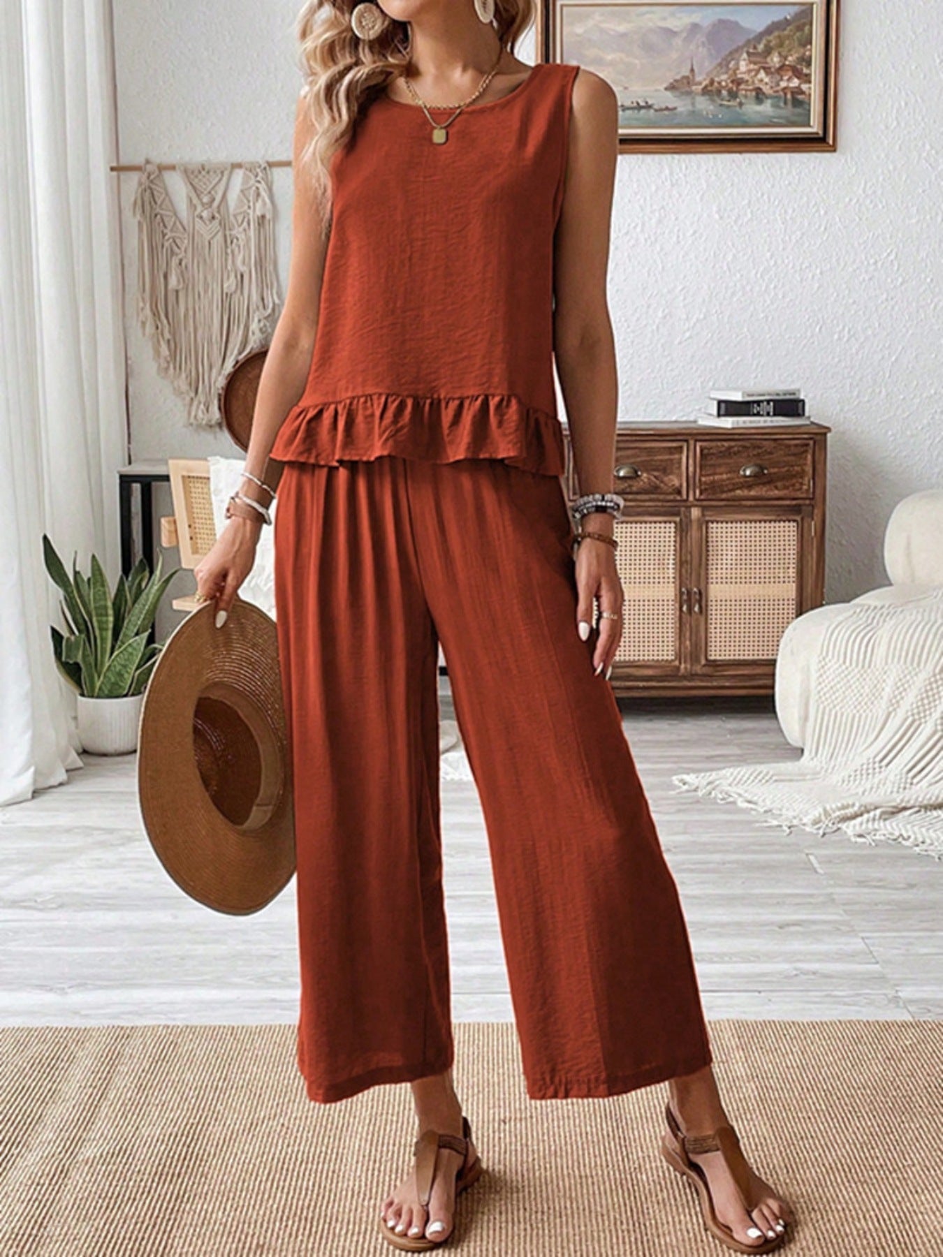 Women's Rust Sleeveless Ruffle Hem Tank & Wide Leg Pant Set