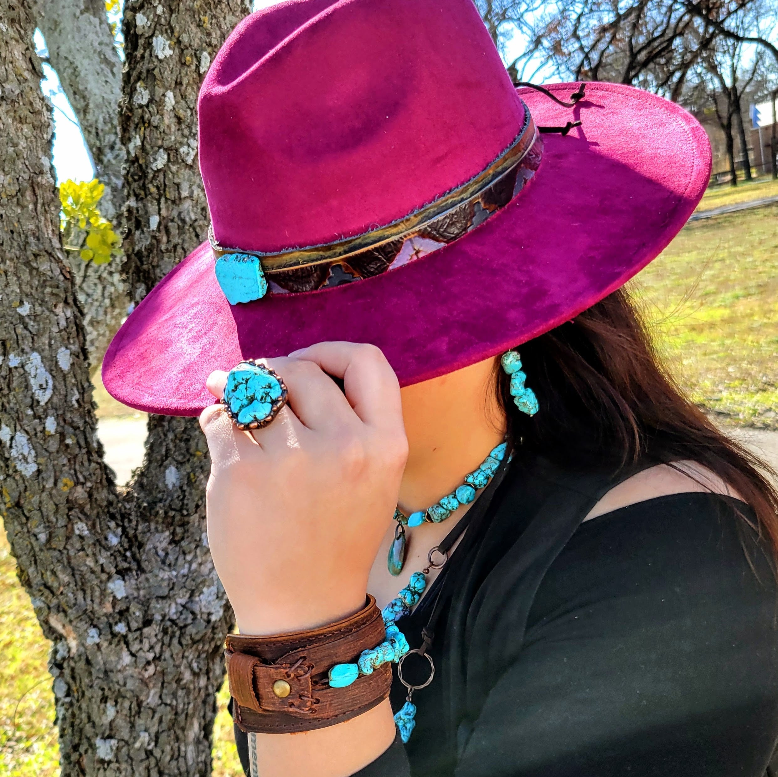 Genuine Leather Wide Cuff Bracelet w/ Natural Turquoise Chunks 006p
