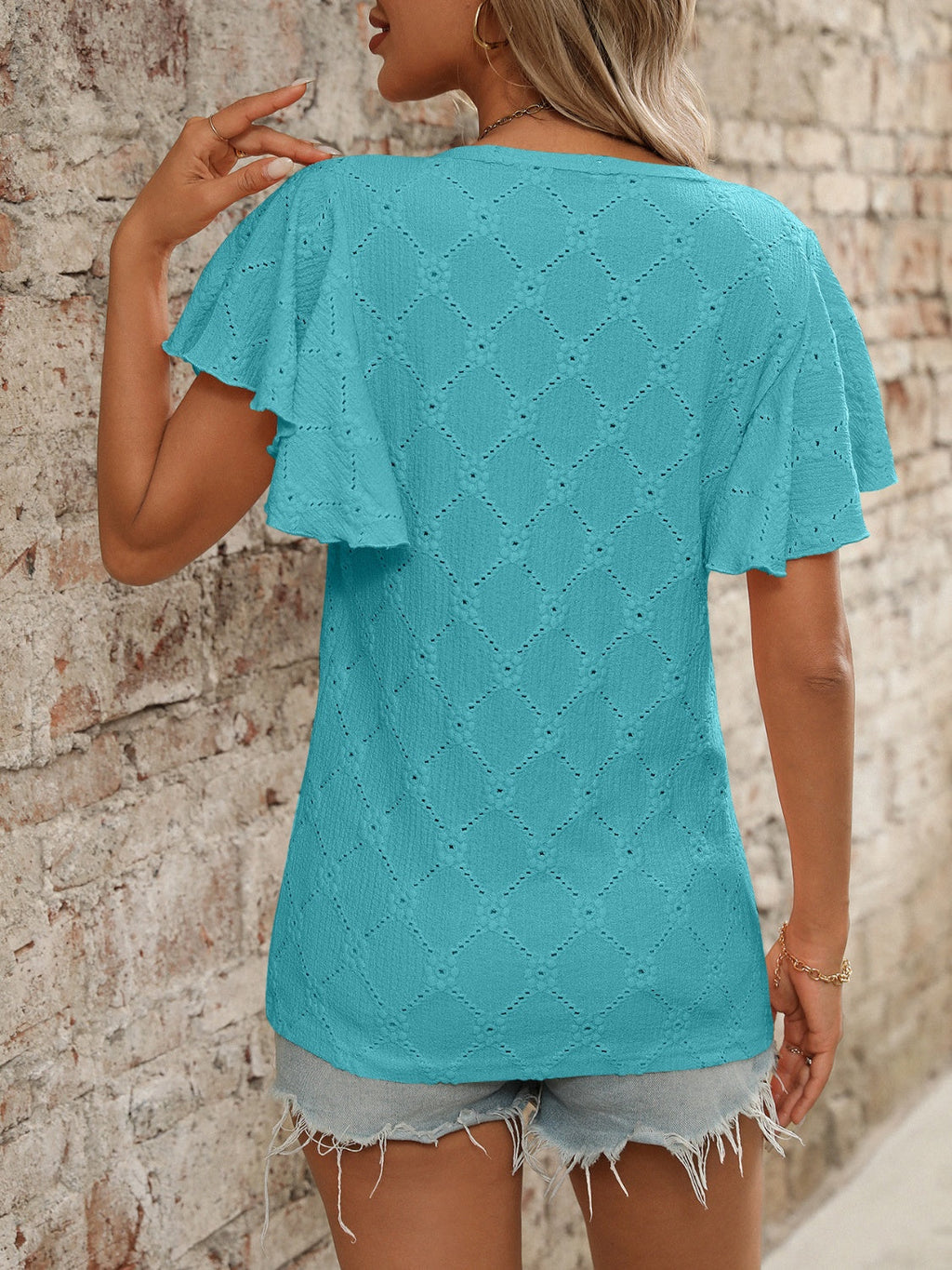 Eyelet Flutter Sleeve Round Neck Top
