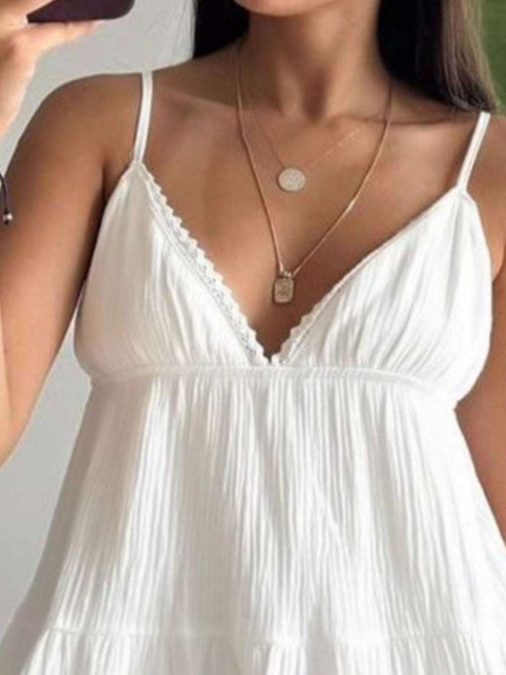 White V-Neck Tiered Mini Dress Sleeveless Cotton Summer Dress