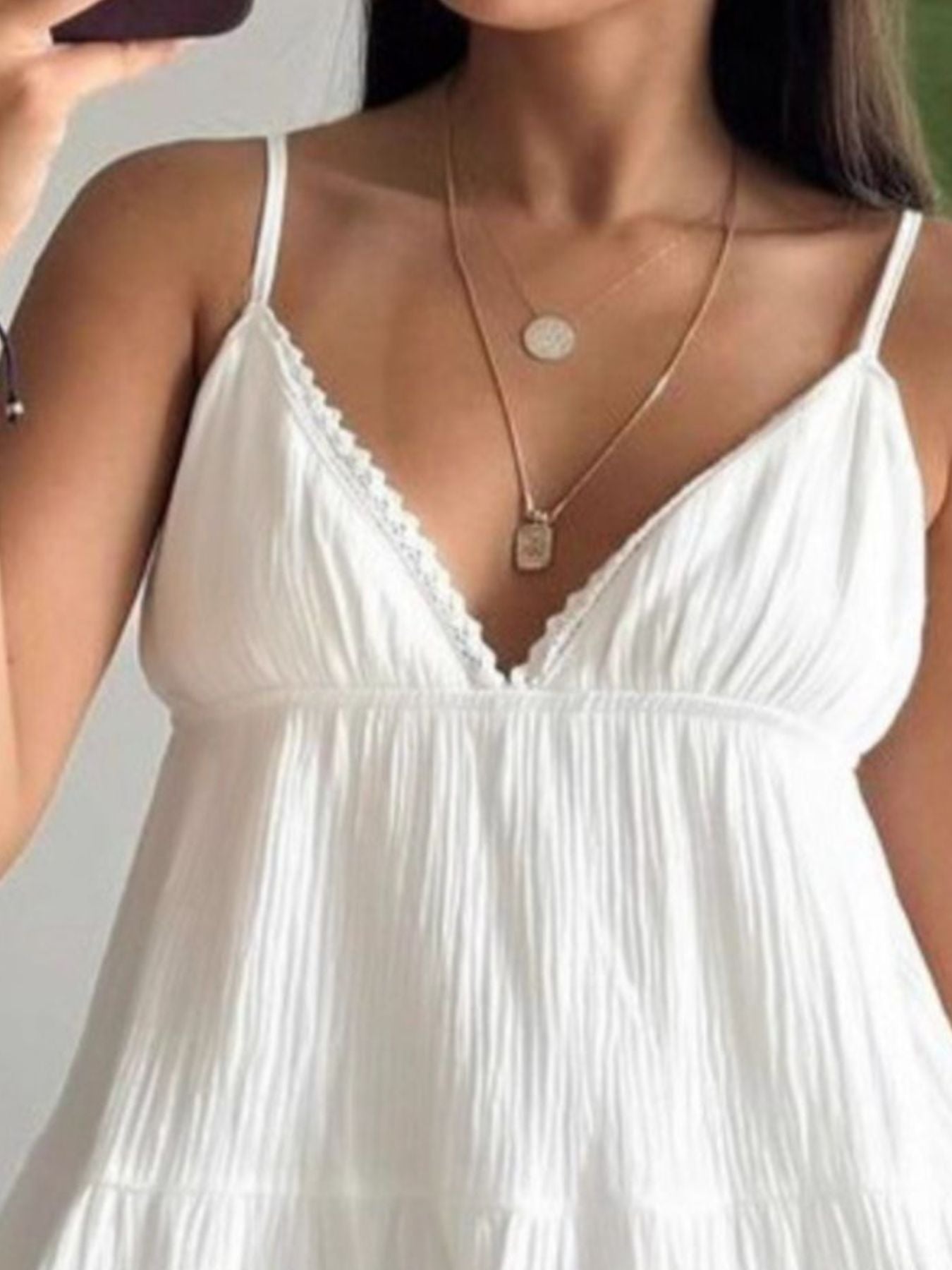 White V-Neck Tiered Mini Dress Sleeveless Cotton Summer Dress