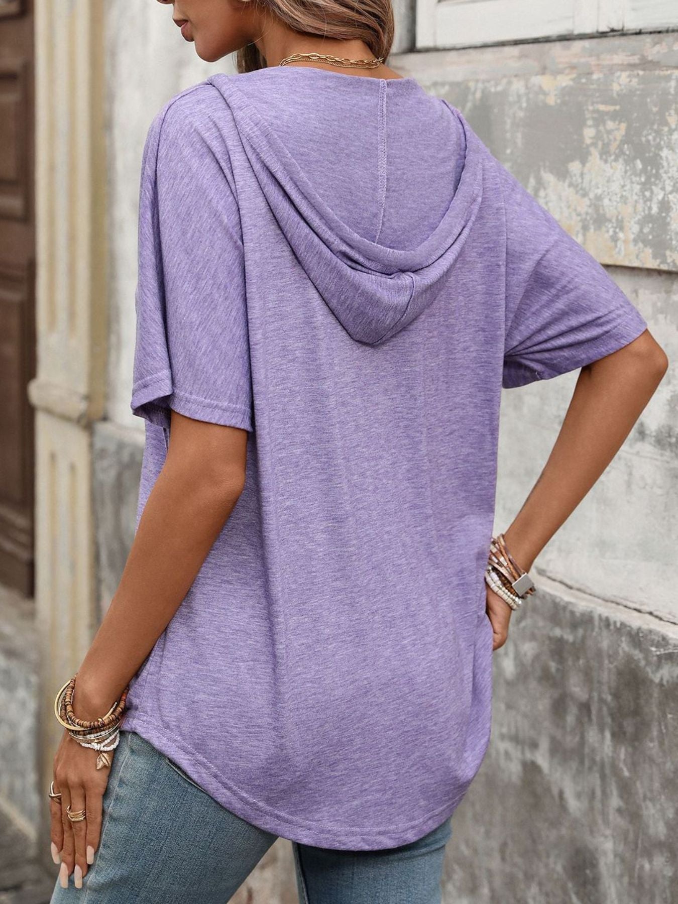 Women's Casual Short Sleeve V-Neck Hooded T-Shirt in Purple
