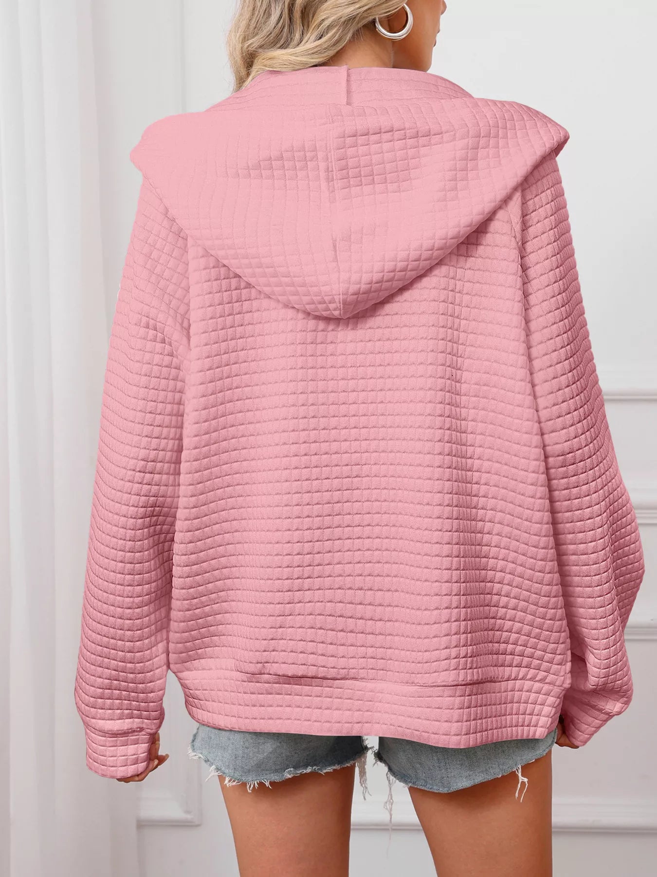 White Quilted Zip-Up Hooded Jacket with Drawstring