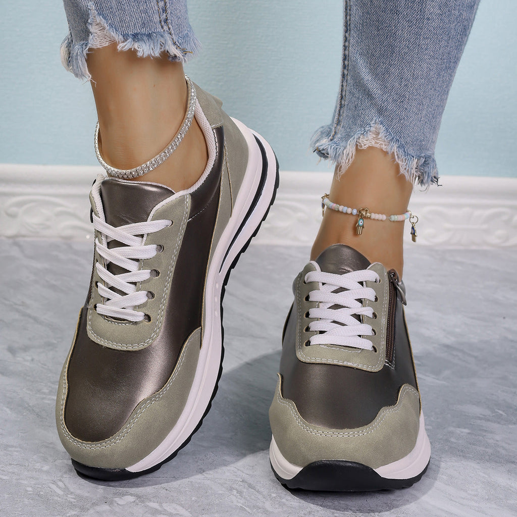 Women's Zipper Detail Lace Up Sneakers Casual Low Heel Shoes
