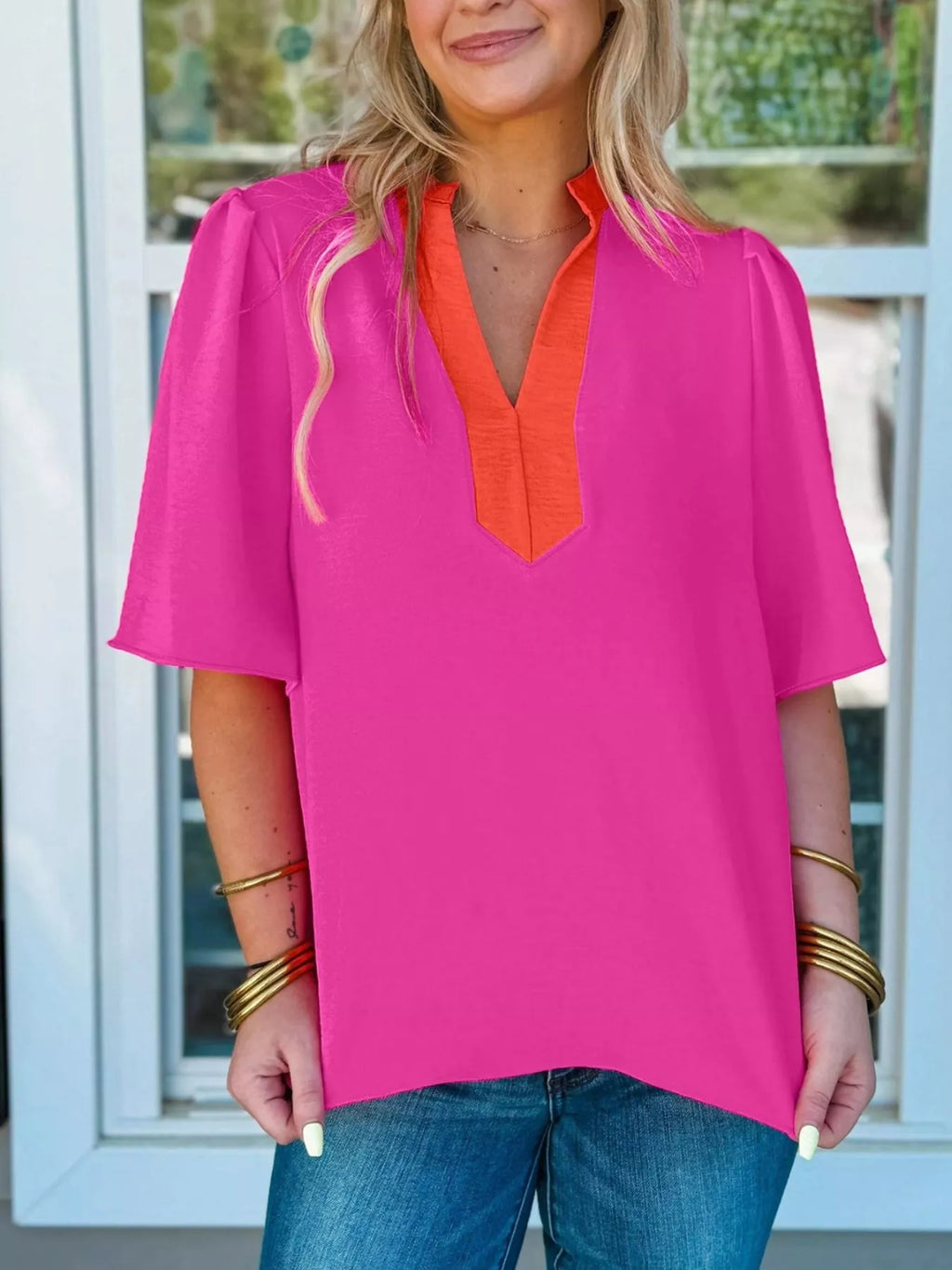 Hot Pink Notched Neck Half Sleeve Blouse with Orange Contrast