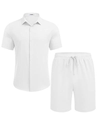 COOFANDY Men's Summer Beach Outfits 2 Piece Short Sleeve Shirts and Shorts Vacation Texture Linen Sets for Men