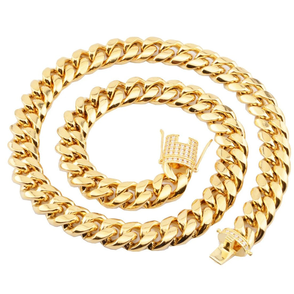 8-18mm Wide Stainless Steel Cuban Chain CZ Zircon Box Lock Necklace