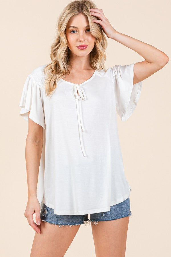 Smocked Shoulder Flutter Sleeve Top