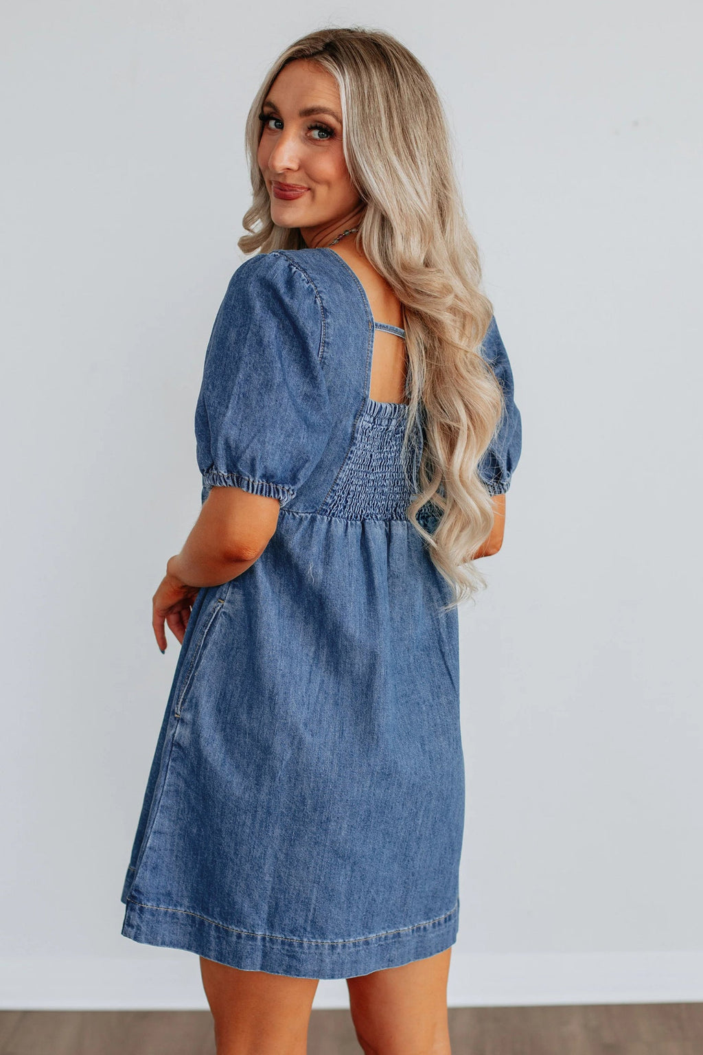 Prussian Blue Button Square Neck Short Puff Sleeve Denim Mini Dress