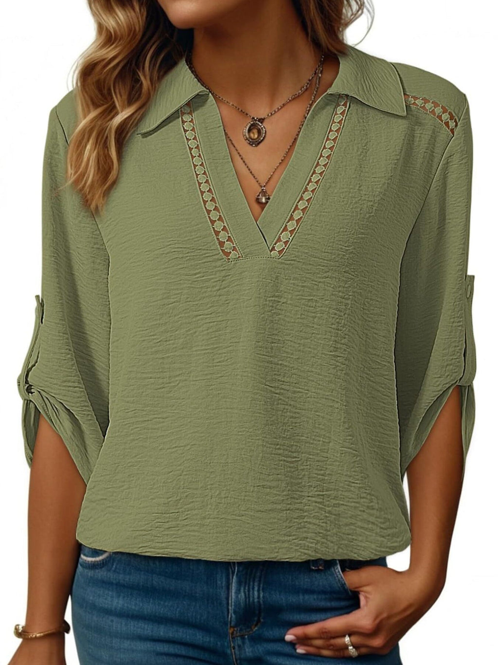 Women Johnny Collar Blouse with Cutout Details and Texture