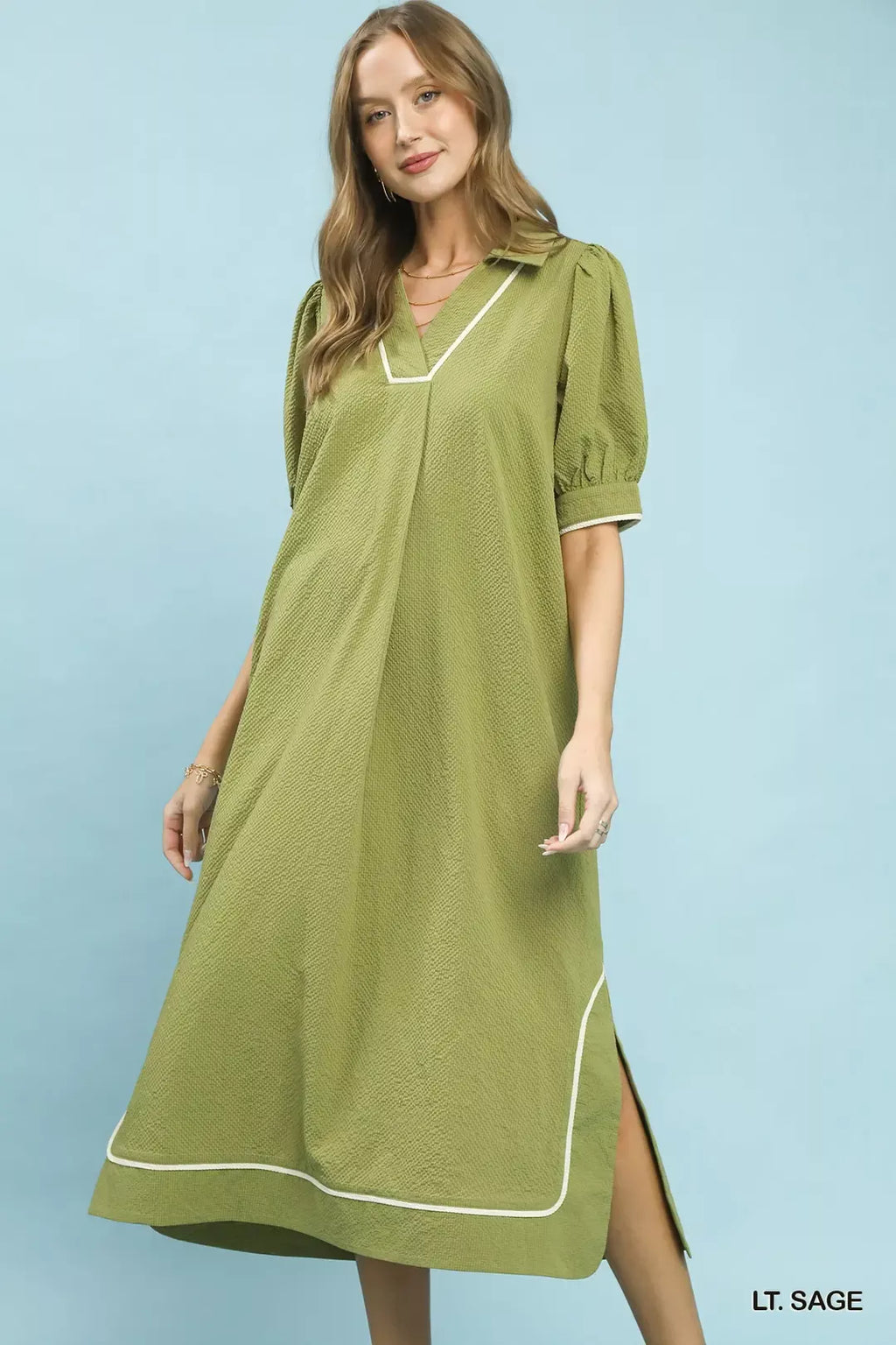 Light Sage Seersucker Midi Dress with Contrast Piping Trim