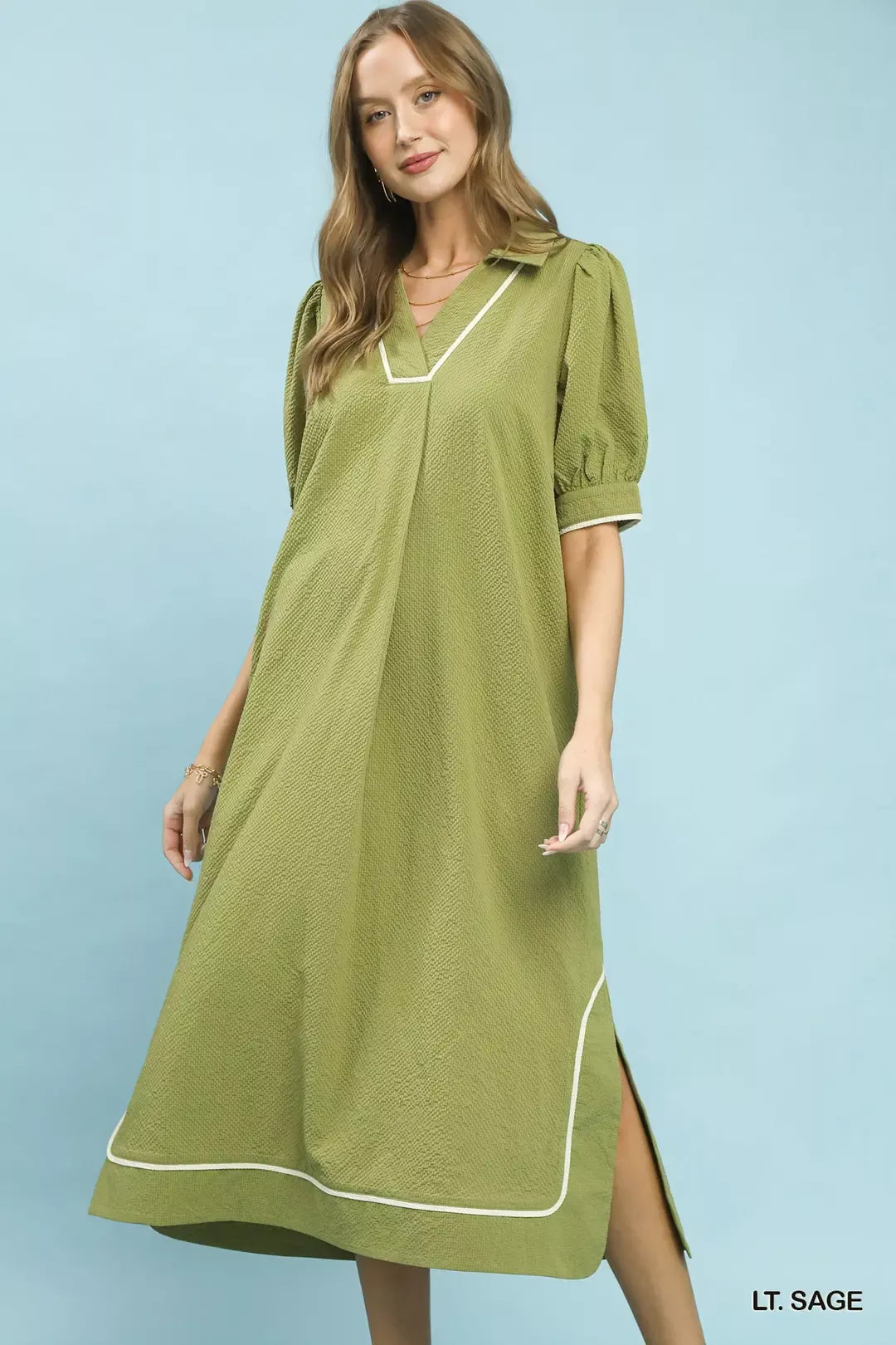 Light Sage Seersucker Midi Dress with Contrast Piping Trim