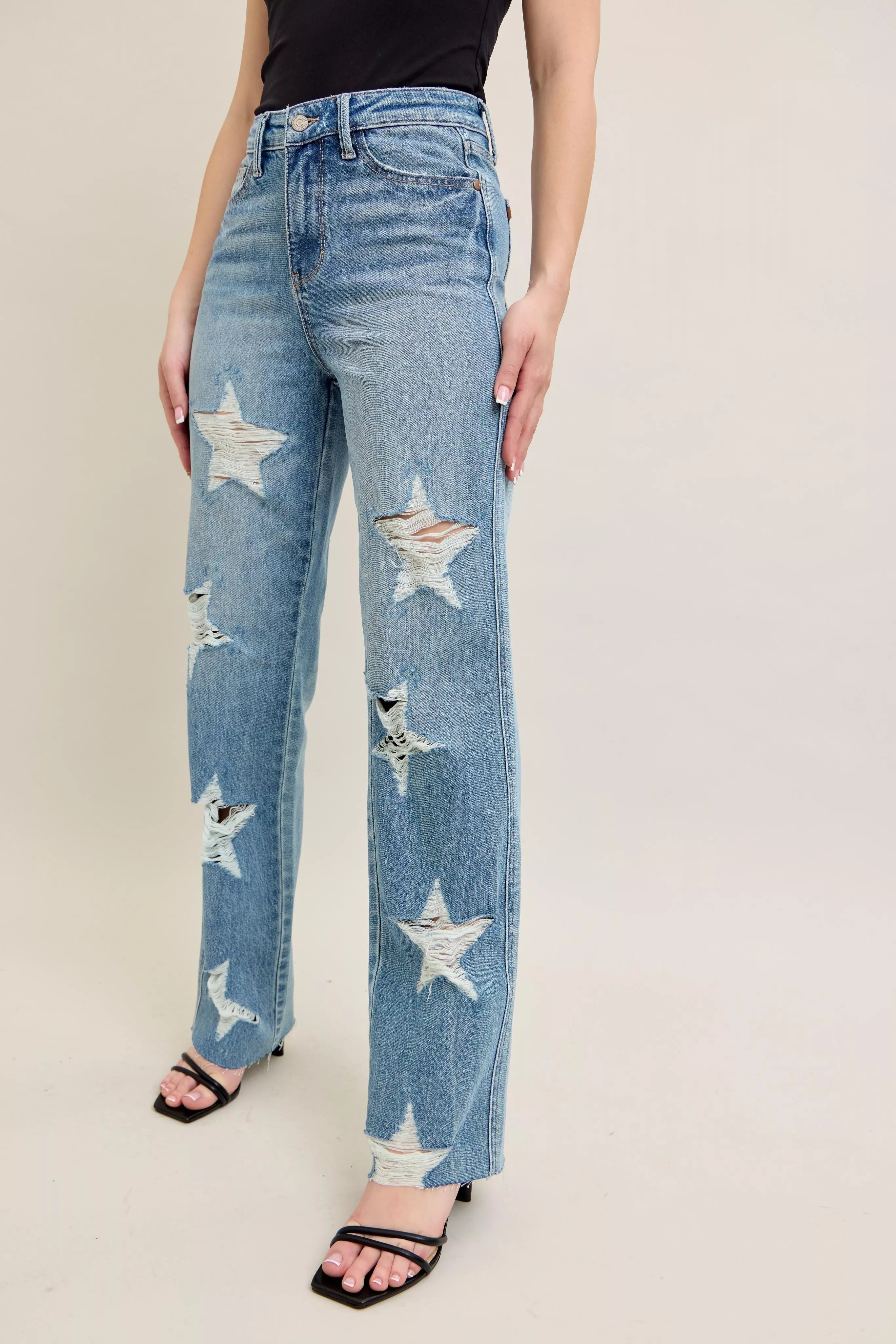 Judy Blue High Waist Rigid Jeans With Edgy Magic Star Destroy Detail 90s Straight Leg Plus Size