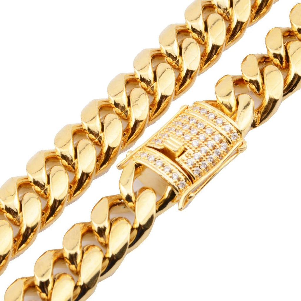 8-18mm Wide Stainless Steel Cuban Chain CZ Zircon Box Lock Necklace