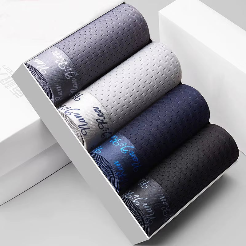 4Pcs Men'S Boxer Shorts Ice Silk Underwear plus Size Underpants Cool Breathable Sexy Slim Panties Mesh Lingerie Wholesale Lots
