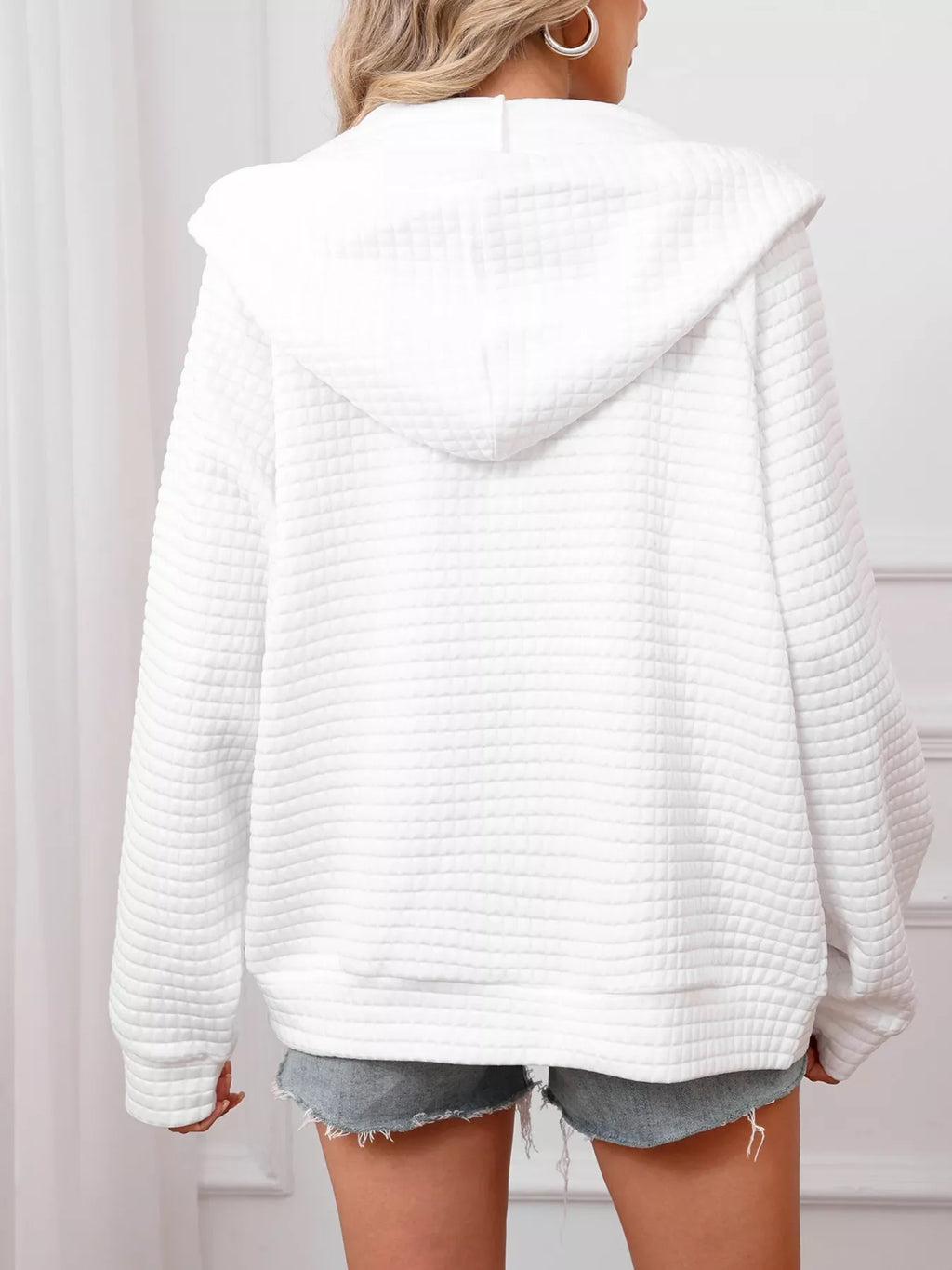 White Quilted Zip-Up Hooded Jacket with Drawstring