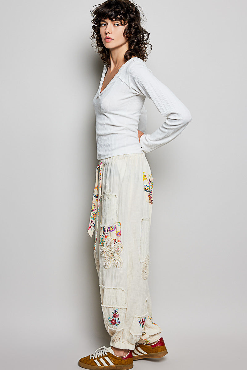 White V-Neck Ribbed Long Sleeve Top with Lace Trim Neckline