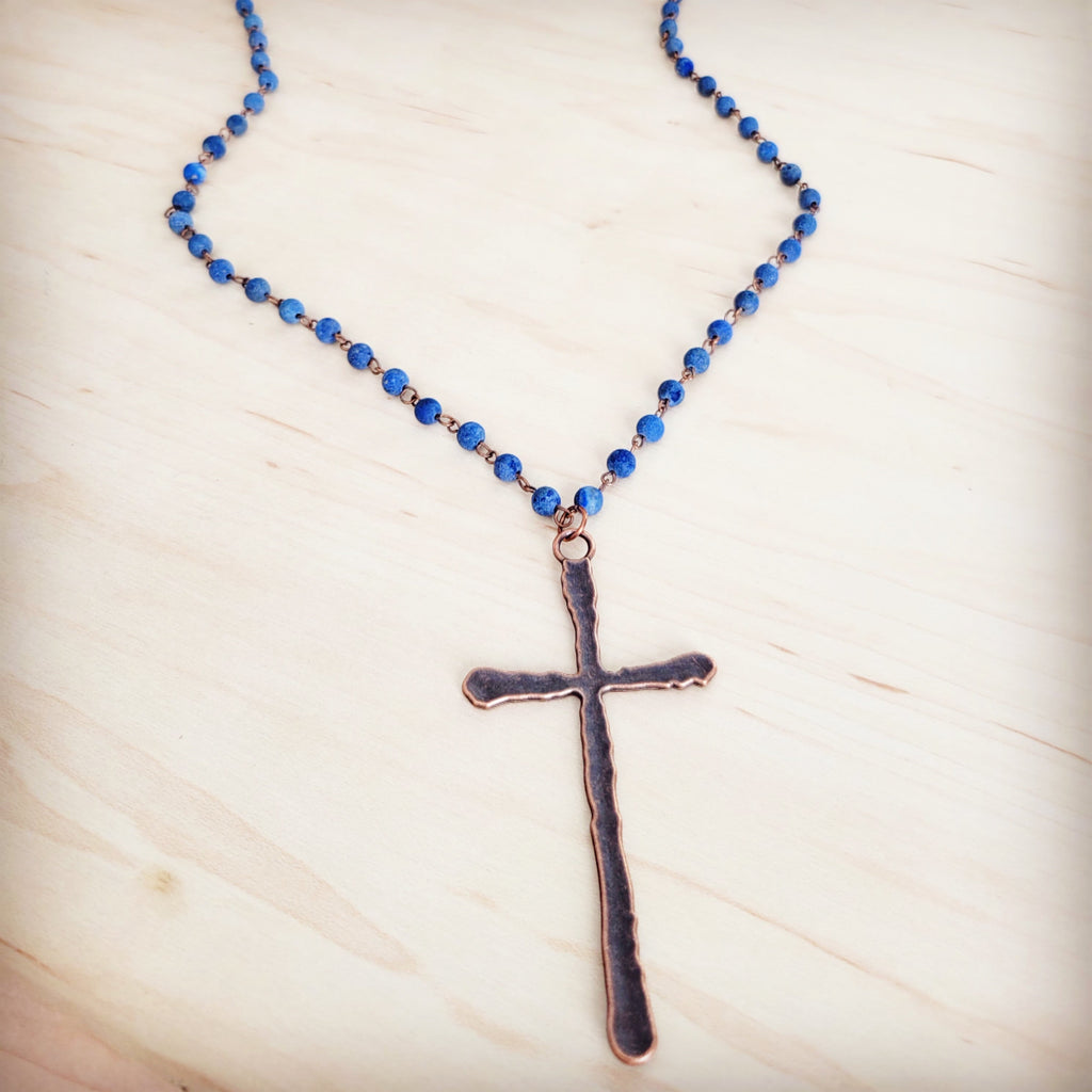 Genuine Blue Lapis Long Beaded Necklace with Antique Copper Cross 263a