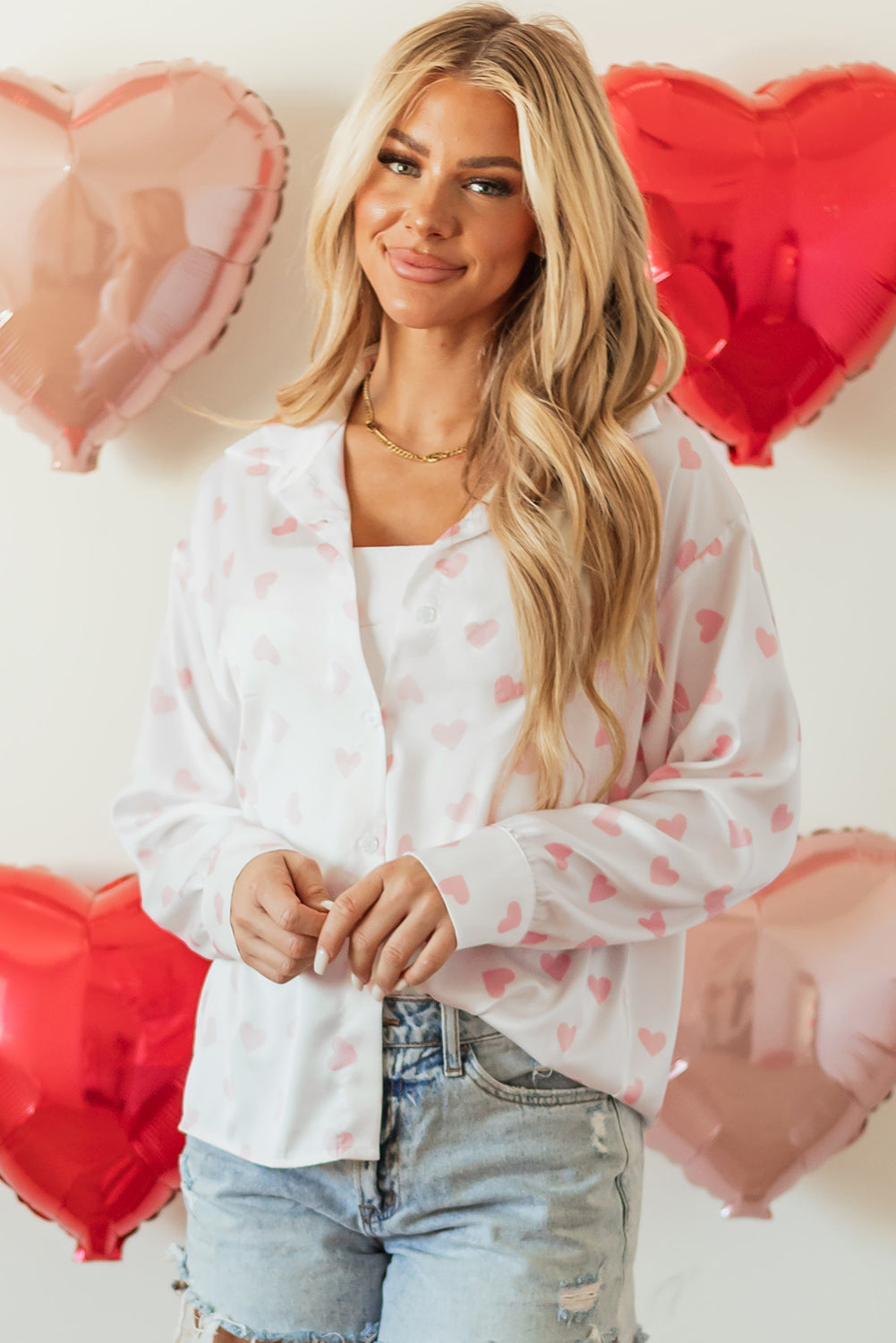 White Love Heart Print Drop Shoulder Puff Sleeve Women's Blouse
