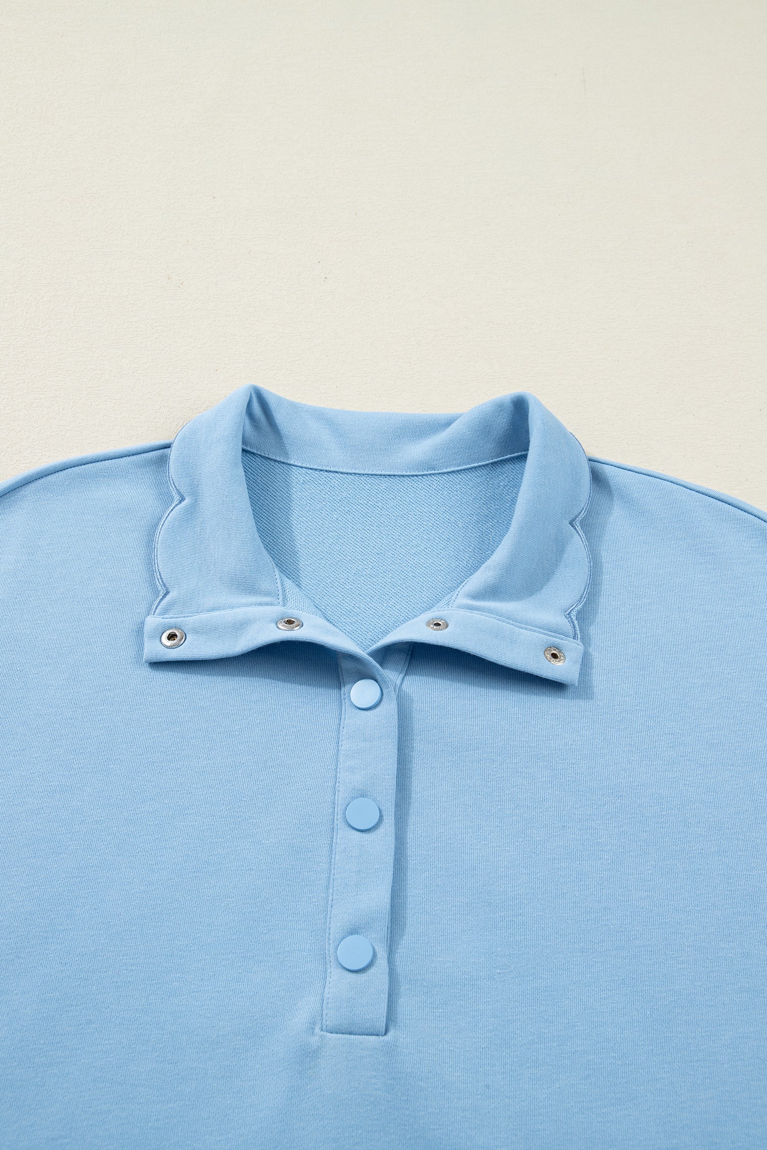 Beau Blue Solid Color Snap Button Polo Collar Short Sleeve Scallop Hem Mini Dress