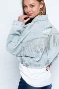 Ripped Rhinestone Denim Jacket Tassel Long Sleeve Denim Jacket See size chart under “more details”