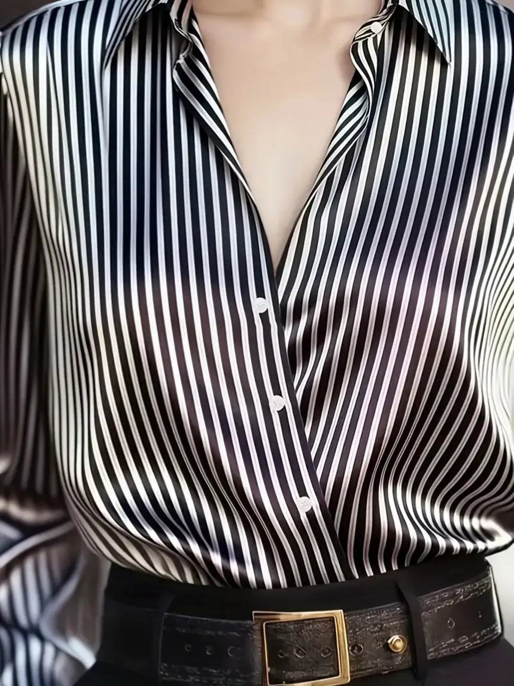 Women's Satin Striped Long Sleeve Button-Down Shirt