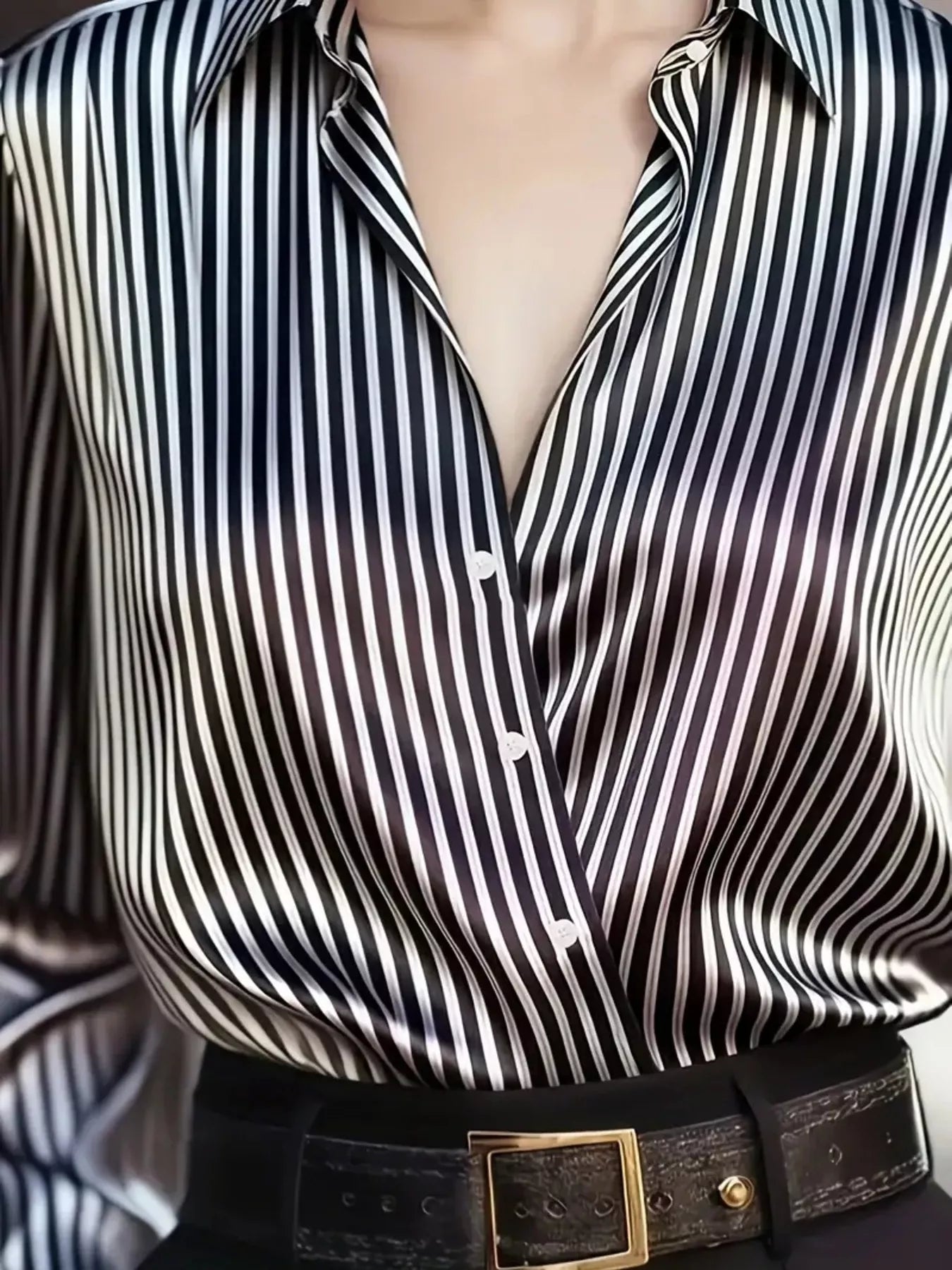 Women's Satin Striped Long Sleeve Button-Down Shirt
