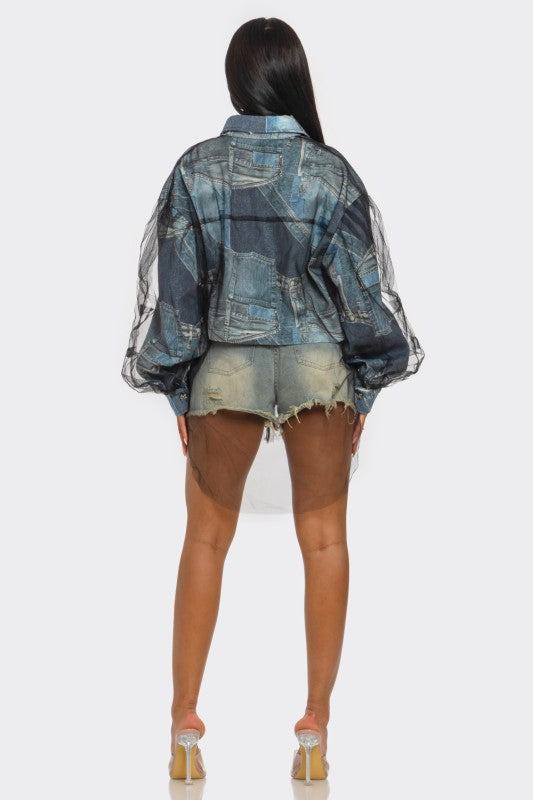 Denim Mesh Illusion Oversized Shirt See size chart under “more details”