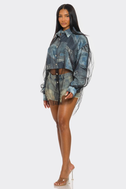 Denim Mesh Illusion Oversized Shirt See size chart under “more details”
