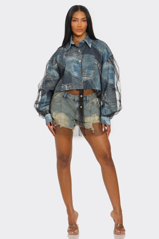 Denim Mesh Illusion Oversized Shirt See size chart under “more details”