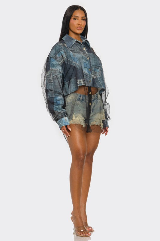 Denim Mesh Illusion Oversized Shirt See size chart under “more details”