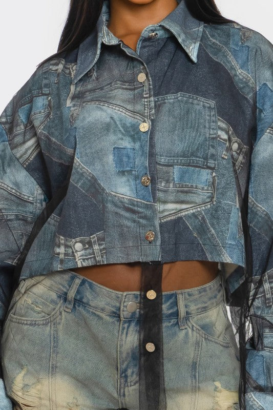 Denim Mesh Illusion Oversized Shirt See size chart under “more details”
