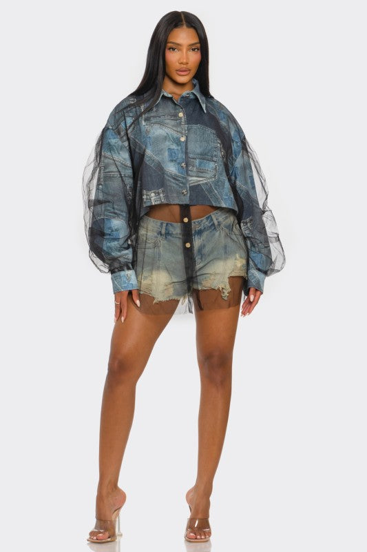 Denim Mesh Illusion Oversized Shirt See size chart under “more details”