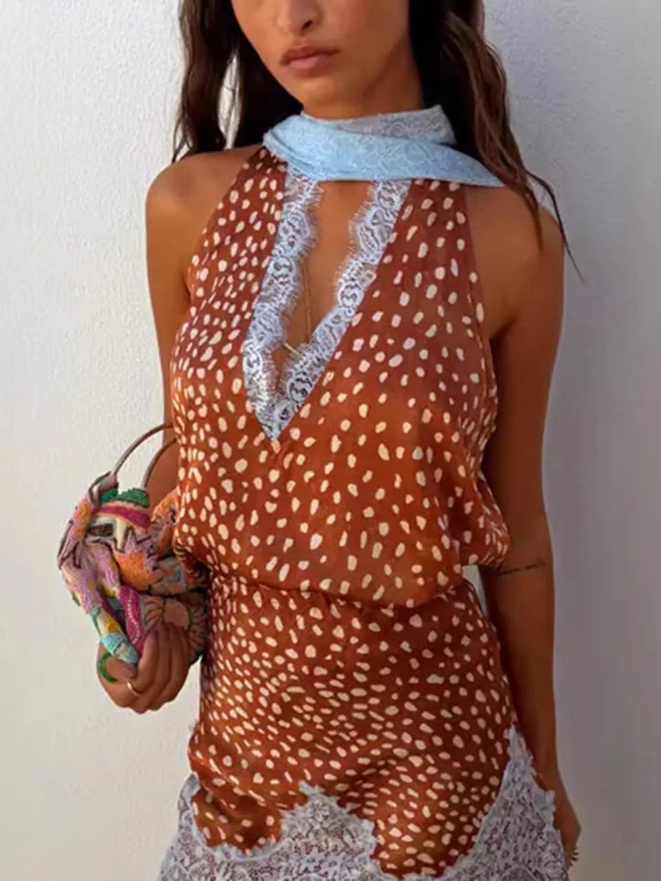 Brown Polka Dot Sleeveless Top and Lace Detail Skirt Set