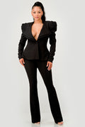 Ruched Shoulder Wide Collar Pant Set