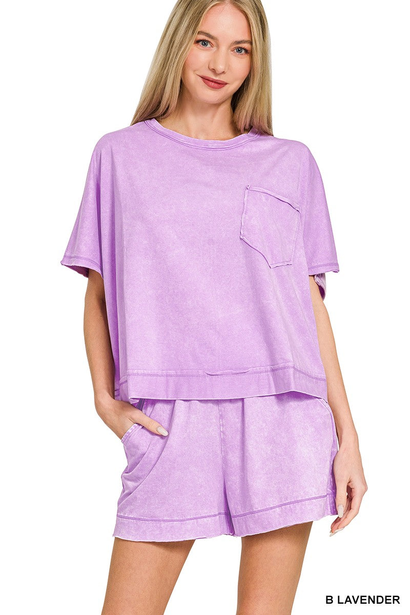 Zenana Acid Washed Oversized Top & Shorts Set Lavender