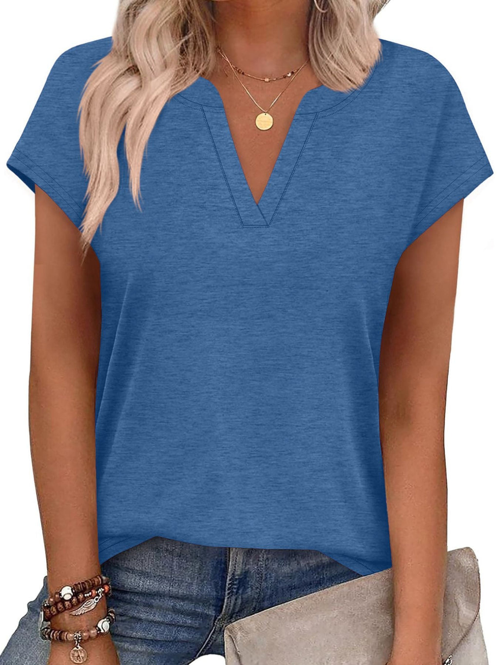 Women's Blue Notched Neck Short Sleeve Basic T-Shirt