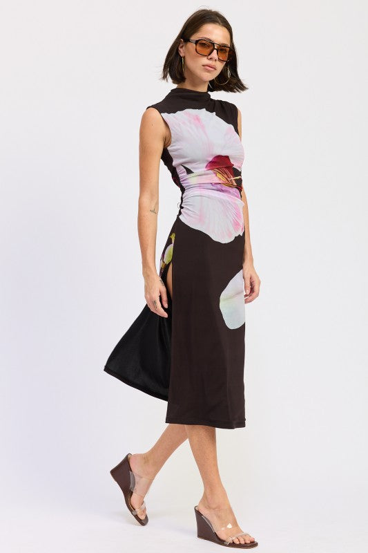 FLORAL MESH MIDI SLEEVELESS DRESS