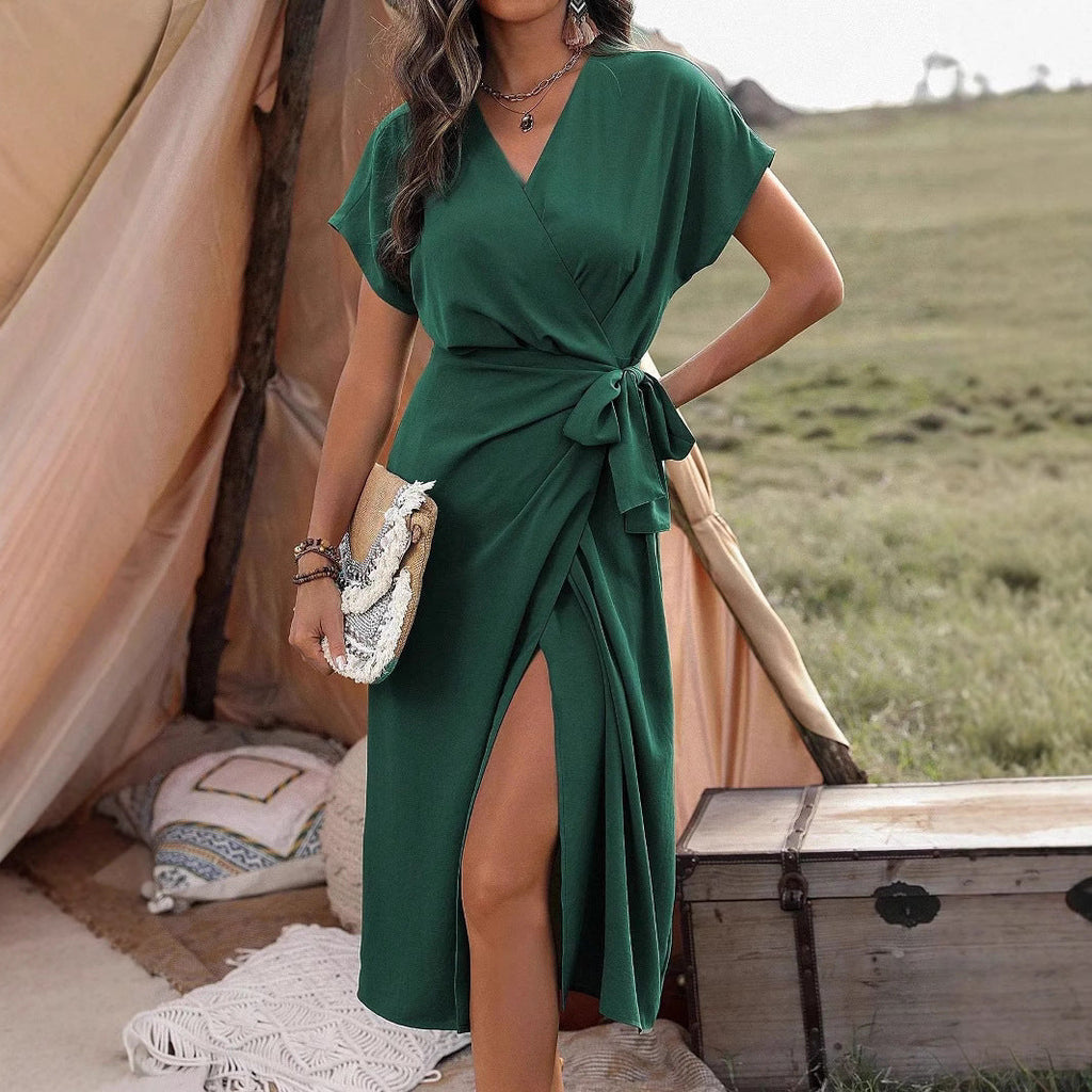 Commuting Fashion Forged Split Women's Solid Color Wrap Suspender Dress