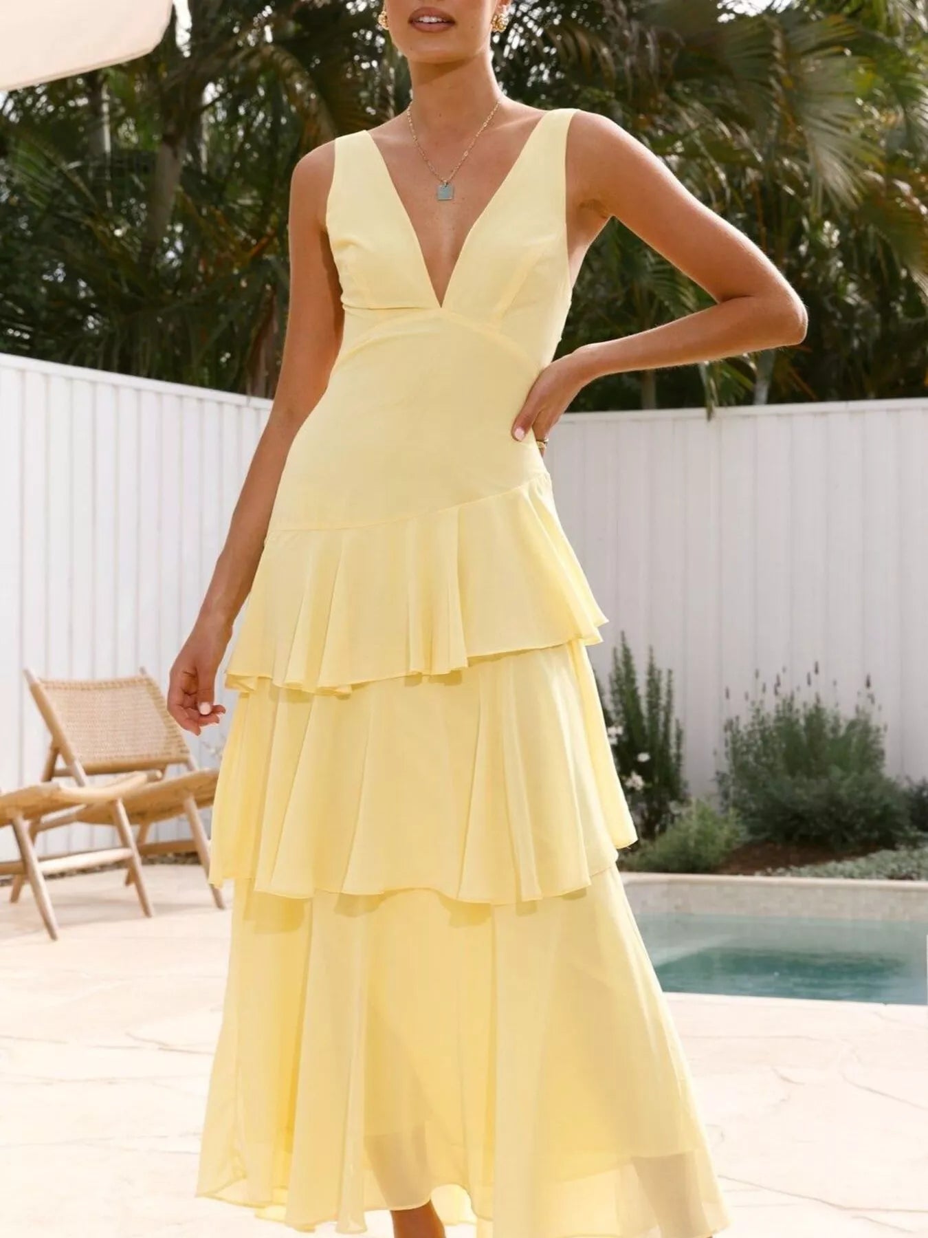 Yellow Sleeveless Ruffled Tiered Maxi Dress for Summer Events