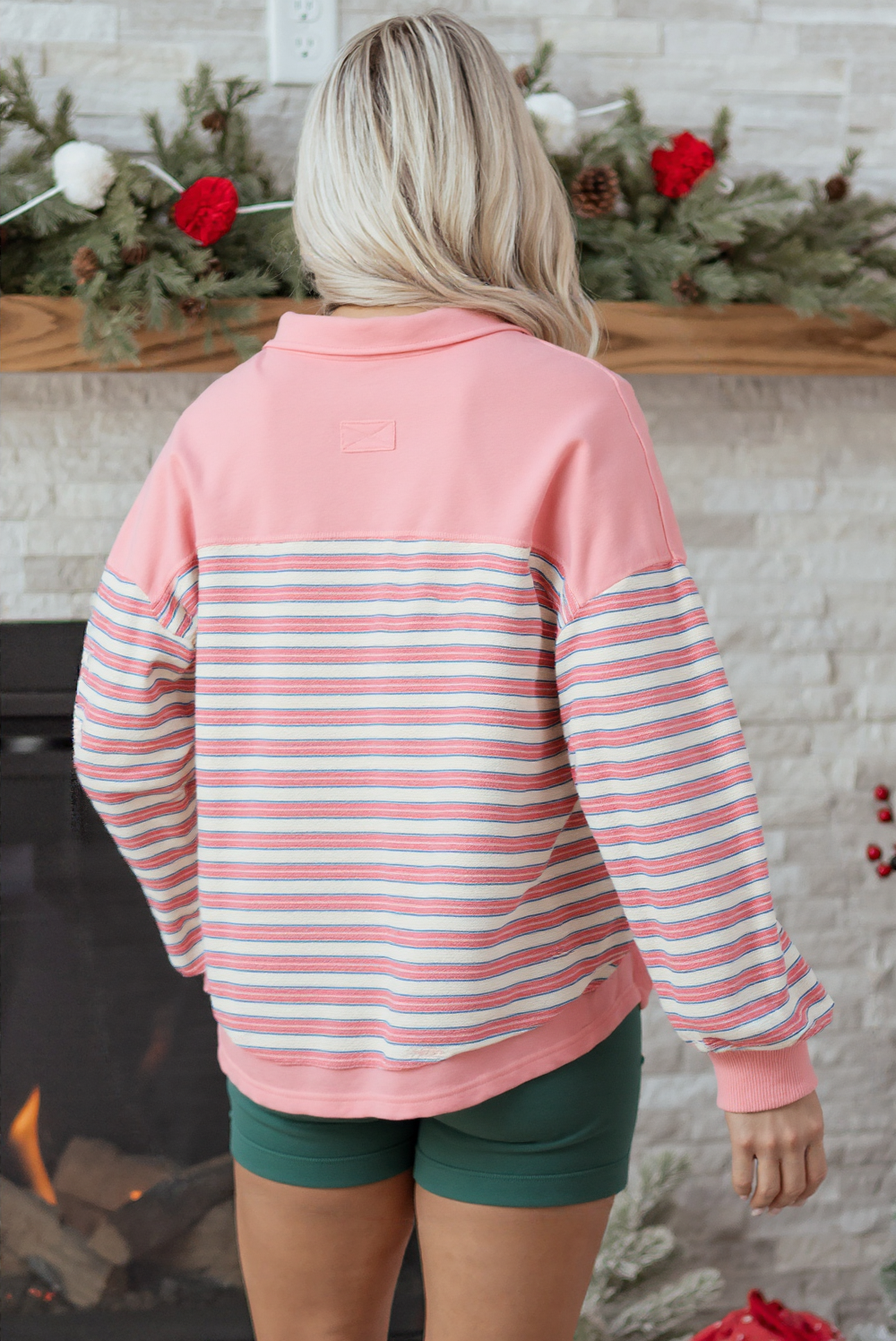 Pink Stripe Buttoned V Neck Collared Drop Shoulder Women's Top