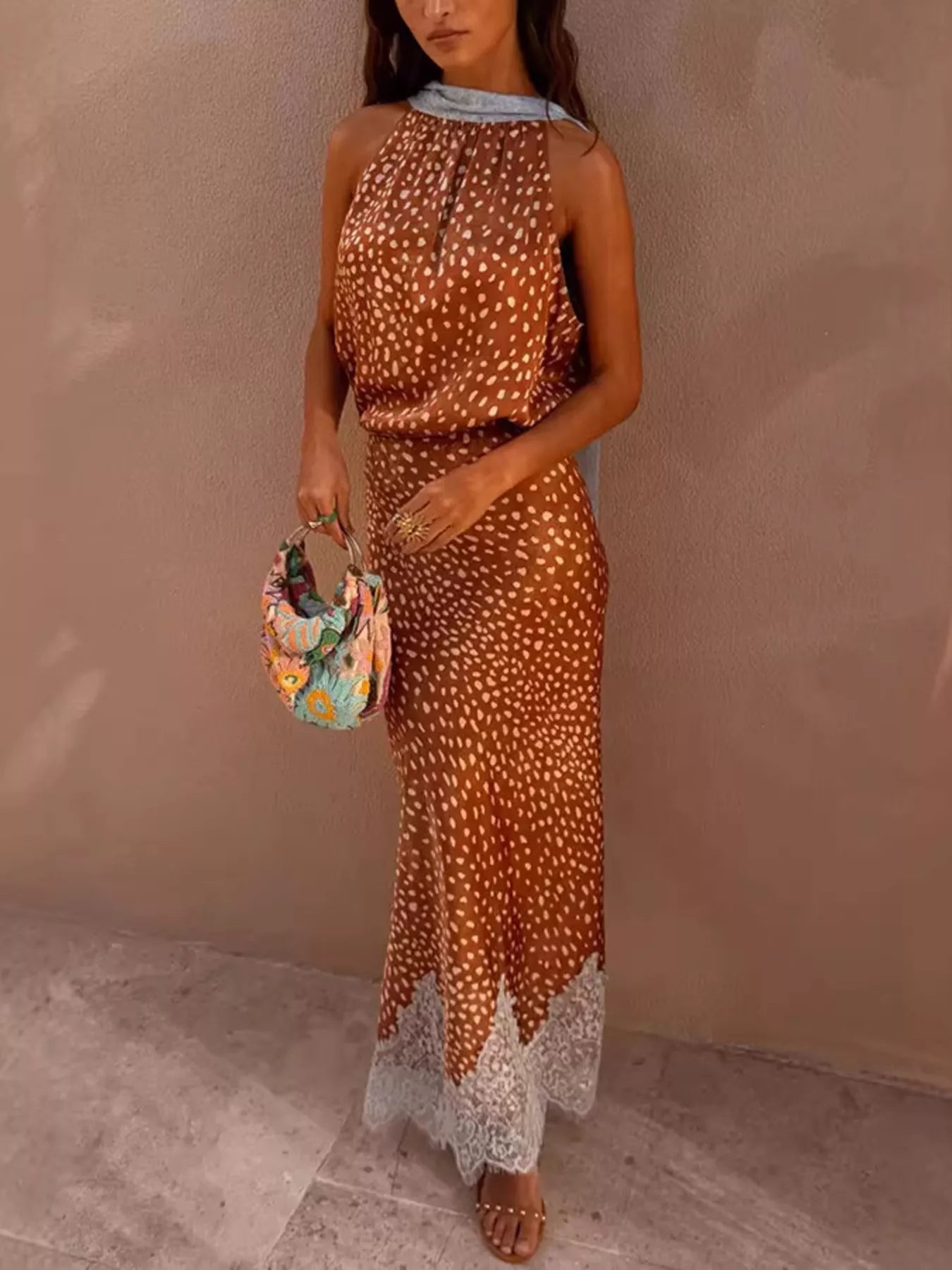 Brown Polka Dot Sleeveless Top and Lace Detail Skirt Set