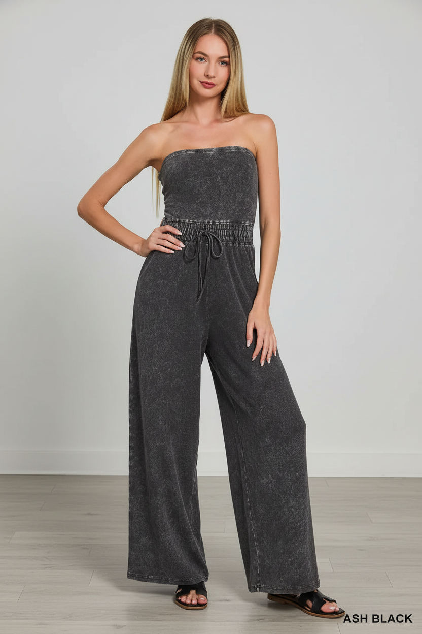 Zenana Acid Washed Strapless Tube Jumpsuit